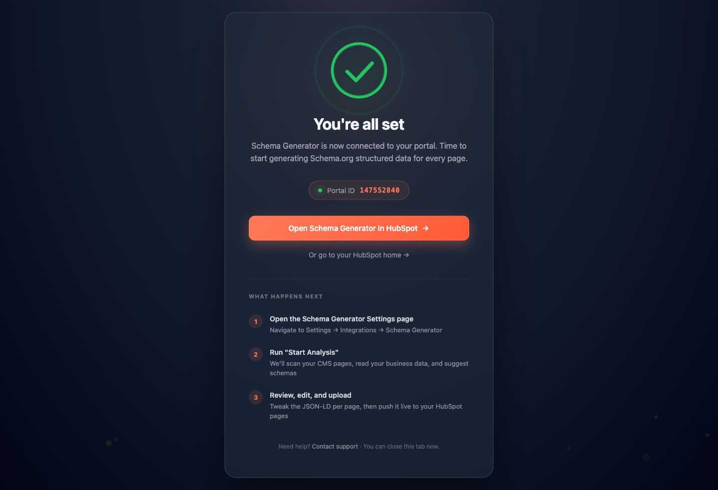 Install success screen with confetti and portal ID badge