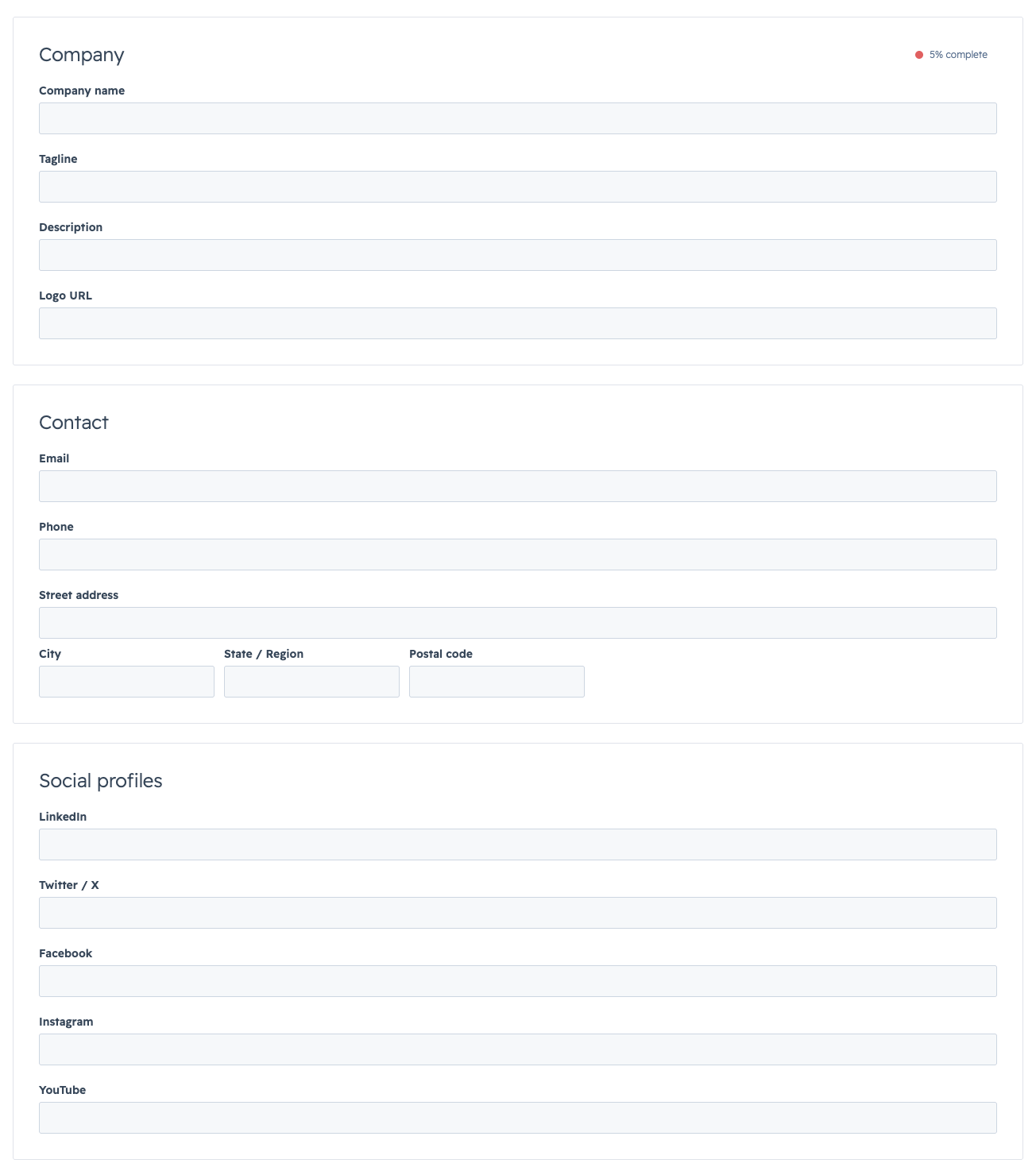 Step 2 — Review the company, contact, and social info